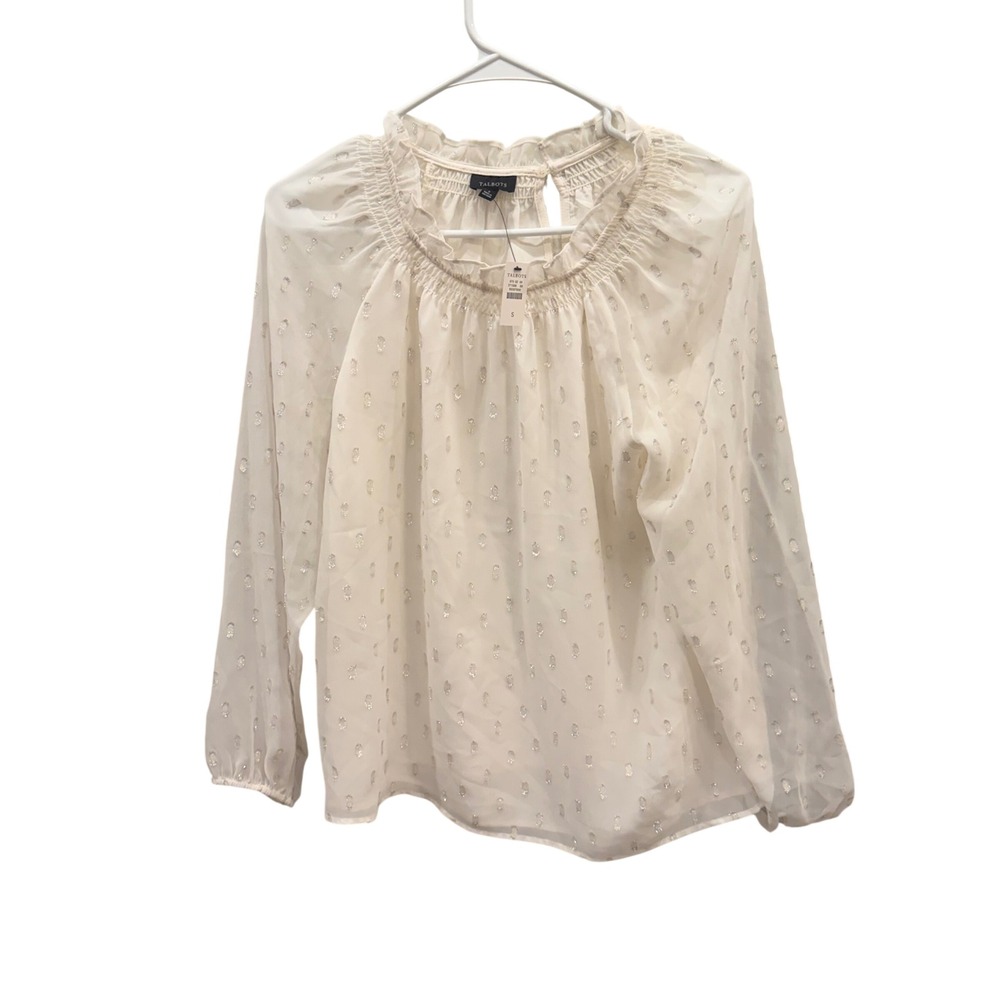 Talbots Womens Small Cream Silver Metallic Clip Dot Smocked Ruffle Blouse NWT
